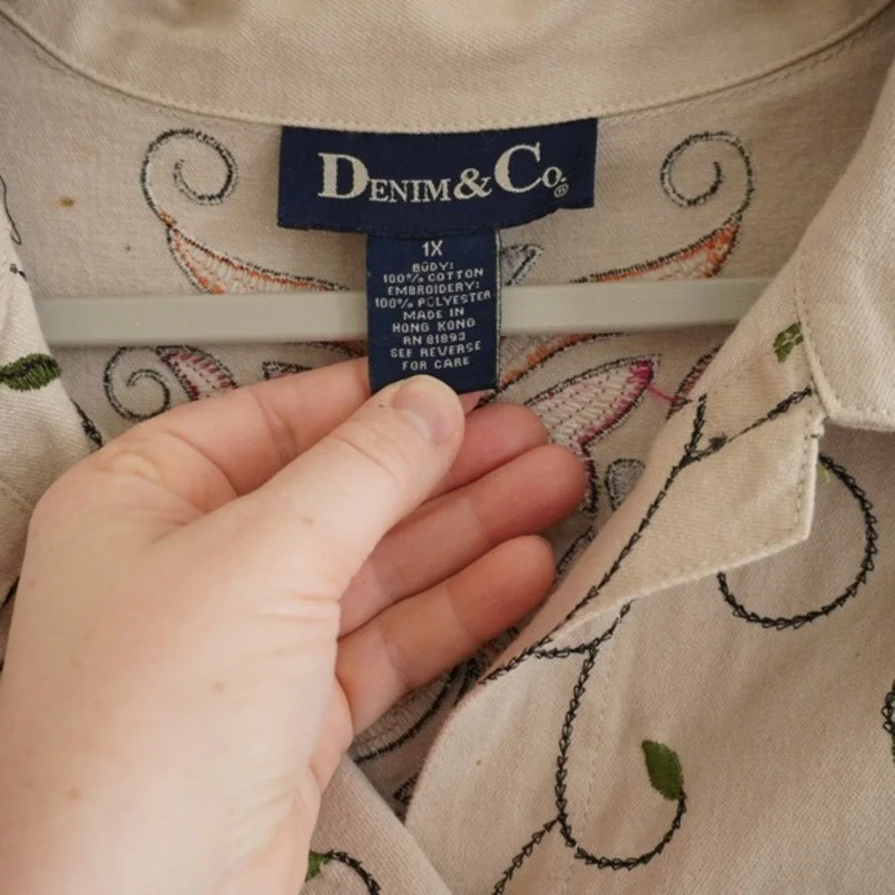 Denim & Co Tan Embroidered Floral Cotton Jacket‎ Plus Size 1X Cottagecore Boho